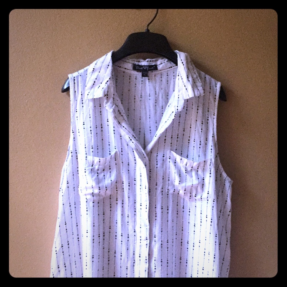 White with black dot and stripe button down blouse